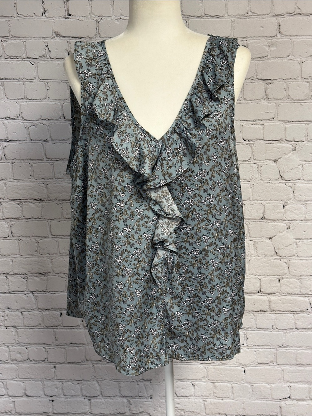 LC Lauren Conrad Dusty Blue Floral Ruffle V-Neck Tank